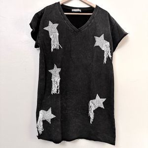 Blueb. Womens V-neck Shirt Dress Short Sleeve Shooting Star Sequined Embellished